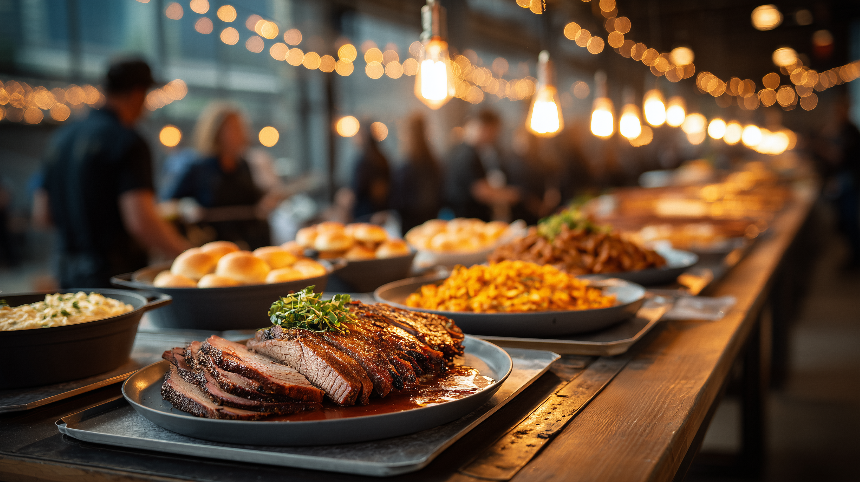 Memphis Fire BBQ buffet — sliced brisket, sides, and Edison lights